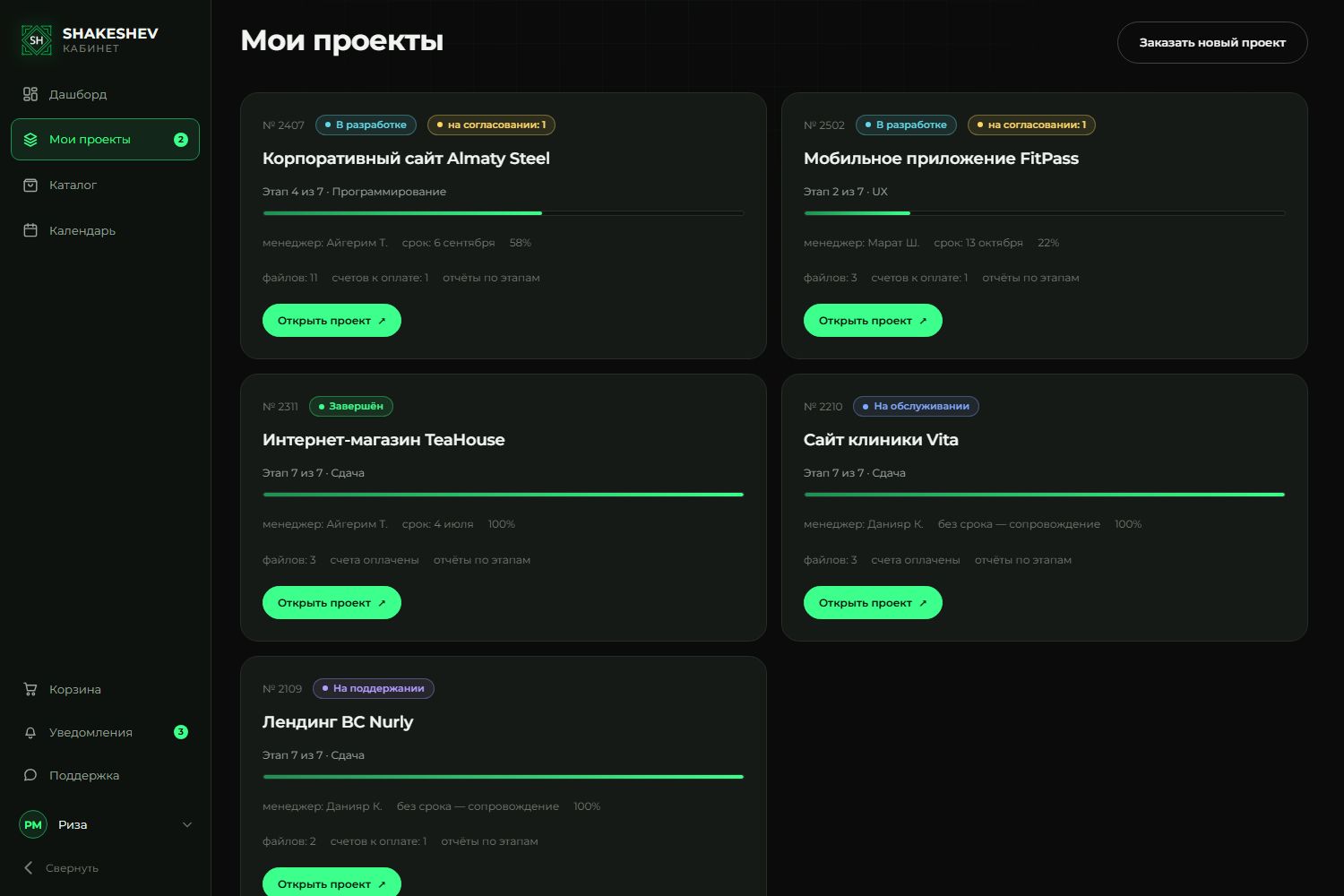 Проекты: этапы с прогрессом и статусами